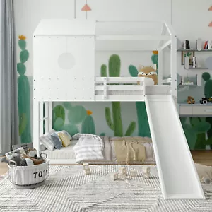 Hochbett 90x200cm Etagenbett Kiefer Kinderbett Hausbett mit Lattenrost & Rutsche - Bild 1 von 12