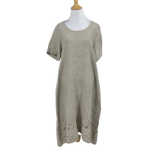 Rosemarine Dress Womens S Small Beige Linen Short Sleeve Pockets Embroidered Hem - Picture 1 of 12