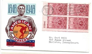 1948 FDC, AMERICAN TURNERS ,PLT BLK, BOLL CACHET - Picture 1 of 1