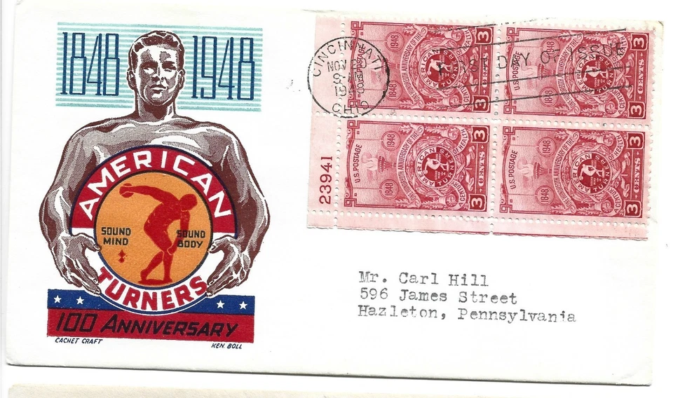 1948 FDC,  AMERICAN TURNERS ,PLT BLK, BOLL CACHET - Image 1 of 1