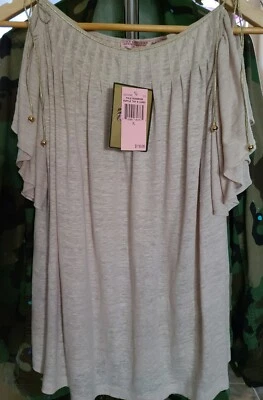 NWT JUICY COUTURE Ruffle Linen Tank/Blouse/Top Pale Mushroom Gold Lurex Ties  XL - Image 1 of 4