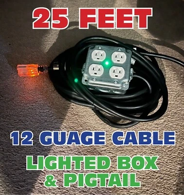 LIGHTED 12/3 EXTENSION CORD 25' w/METAL OUTLET DROP BOX STAGE POWER DISTRO STRIP - Image 1 of 4