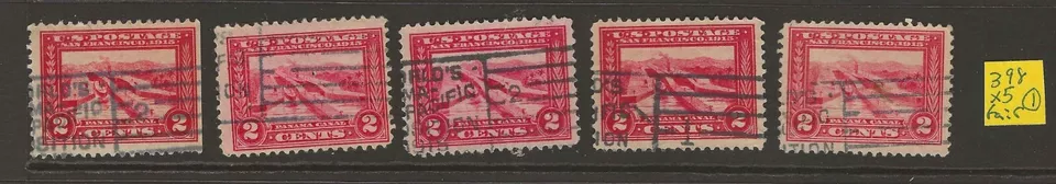 US Scott #398 USED FIVE Fair Cancels singles, Pan Pacific Perf 12, VF! 1 - Image 1 of 1