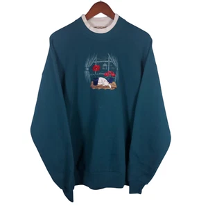VTG Top Stitch Sleeping Cat Sweatshirt XL Green Embroidered Grandma Cottagecore - Picture 1 of 5