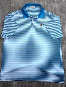 Peter Millar Polo Shirt Mens XL Blue Striped Performance Golf Indian Mans Head - Picture 1 of 8
