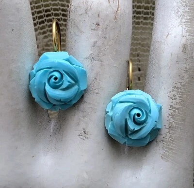 Italian 18K 750 Yellow Gold Carved Turquoise Rose Omega Back Drop Earrings - Image 1 of 4