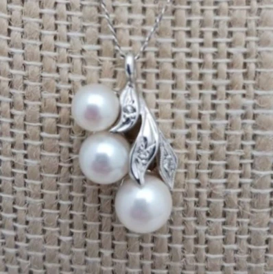 "Collar de diamantes de perlas Akoya de oro blanco sólido de 14 k racimo de hojas 3 g AAA 15""" Foto 1 de 4