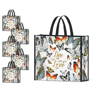 5 Pack Reusable Shopping Bags Colorful Butterflies Washable Grocery Bags Fabr... - Picture 1 of 8