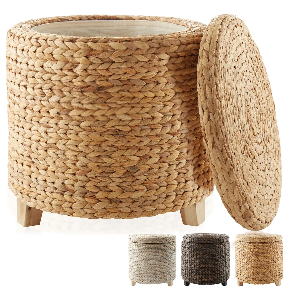 Round Storage Ottoman Footrest, Woven Hyacinth Wicker Footstool Basket w Lid - Image 1 of 1