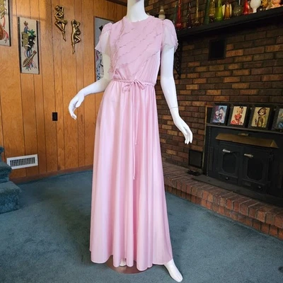 复古 70 年代 迪斯科粉红色玫瑰液体球衣 扫扫 Maxi 郁金香礼服 连衣裙 S/M — 第 1/4 张图片