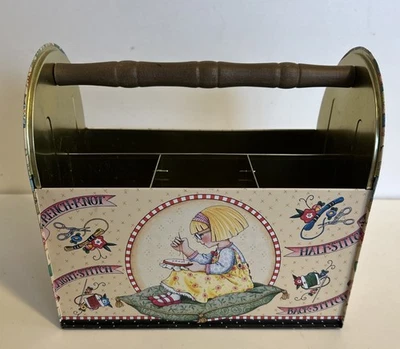 Mary Engelbreit Metal Sewing Tin Caddy Craft Toolbox w/ Wooden Handle Grannycore - Image 1 of 3