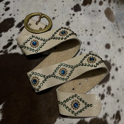 Cinturón Joed Tachonado Y Joya Crema Talla 36 Hecho en EE. UU. Hebilla de Latón RARO Foto 1 de 4