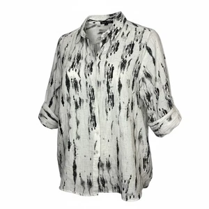 Boho Chic Leinen Hemd mit abstraktem Print Button Down Schwarz Weiß Damen Größe M - Bild 1 von 11
