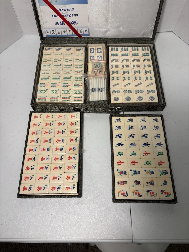New Vintage Mid Century Mahjong Bamboo Tile Set Complete W/Betting Sticks, Dice - Image 1 of 4