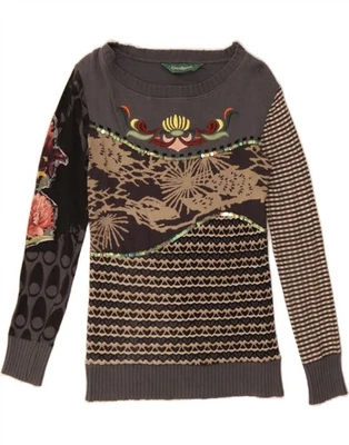 DESIGUAL Womens Boat Neck Jumper Sweater UK 12 Medium Grey Heart AL06 - Image 1 of 3