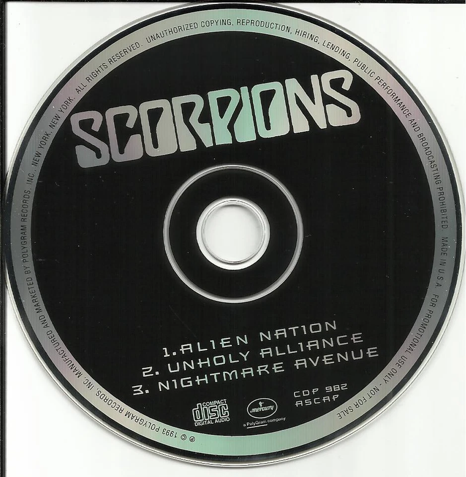 SCORPIONS 1993 Rare USA 3 TRK SAMPLER PROMO DJ CD single Alien Nation CDP982 - Image 1 of 1