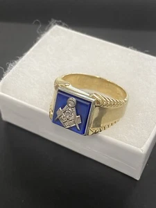 Vintage Masonic 10K Yellow Gold Diamond Synthetic Sapphire Ring 8.5g (Size 11.5) - Picture 1 of 9