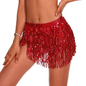 Sequins Tassel Skirt Belly Dance Hip Scarf Rave Outfits Fringe Skirt Women Fe... - Picture 1 of 9