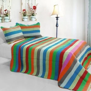 3 PC Rainbow River multi-color stripes 100% Cotton Queen Quilt Shams - Picture 1 of 4