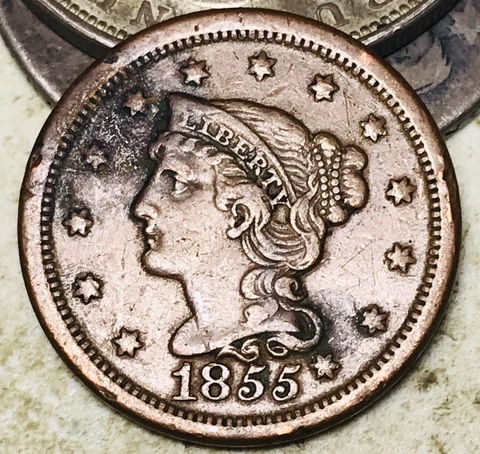 1855 Large Cent Matron Braided Hair 1C Slanted 5 Choice US Copper Coin CC18771 Cover