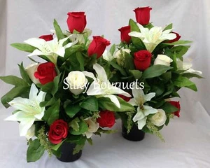Grave Pot Flower Arrangement Pair All Round Artificial Silk Flower Rose Tribute - Picture 1 of 7