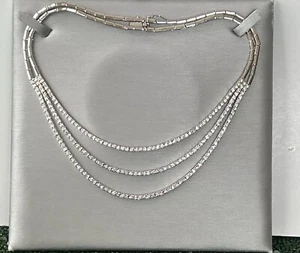 Vtg.Sign FAS 925 Sterling Silver  Triple Row Set CZ Tennis Necklace Mint 15” + - Picture 1 of 4