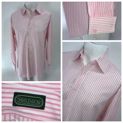 Savile Row French Cuff Dress Shirt 15 34 Pink White Striped Cotton USA YGI X4-91 - Image 1 of 4