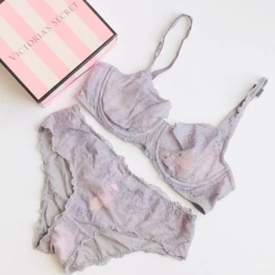 DE COLECCIÓN 32DD PEQUEÑO Victoria’s Secret Gris Sin Forro Demi Sujetador Conjunto Hiphugger Bragas Foto 1 de 4