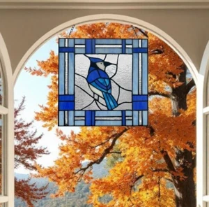 Blauer Vogel Buntglas Fensterscheibe Sonnenfänger 75 handgeschnittene Stücke 11x11 Zoll - Bild 1 von 7
