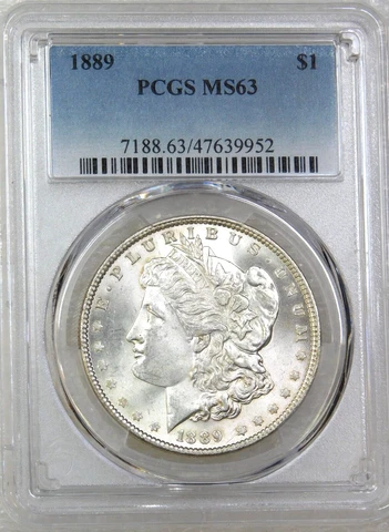1889 P Morgan Silver Dollar PCGS MS63 Bright White Just Graded PQ coin #E308I Cover