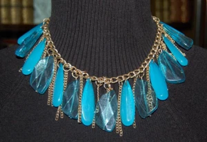 ELEGANT LONG AQUA GREEN ACRYLIC BEADS GOLDEN CHAINS BOHEMIAN STYLE BIB NECKLACE - Picture 1 of 20