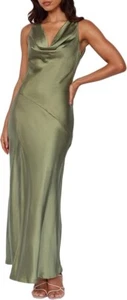 Satin Cowl Neck Sleeveless Backless Dress - Open Back - Olive - Small - NWT - Picture 1 of 2