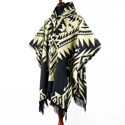 Alpaca wool Mens Unisex Hooded Poncho Aztec all seasons boho hippie Halloween - Image 1 of 4