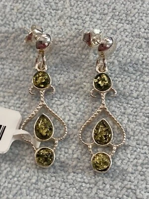 Pendientes colgantes redondos/lágrima ámbar verde maya 925 plata esterlina detalle cuerda Foto 1 de 4