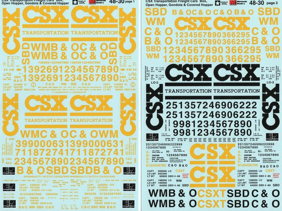 Microscale 48-30 1/48 O Scale CSX Freight Cars Yellow/Blue Box/Gond/Hop Decals - Image 1 of 1
