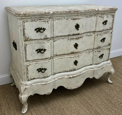 Swedish Style Solid Oak, Three Drawer Skirted Commode w/Distressed White Paint Cover