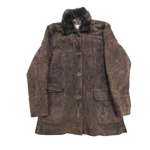 The Outer Edge Suede Leather Coat Womens Small Brown Lined Collared Button Front - Picture 1 of 4