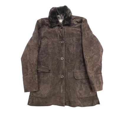 The Outer Edge Suede Leather Coat Womens Small Brown Lined Collared Button Front - Image 1 of 4