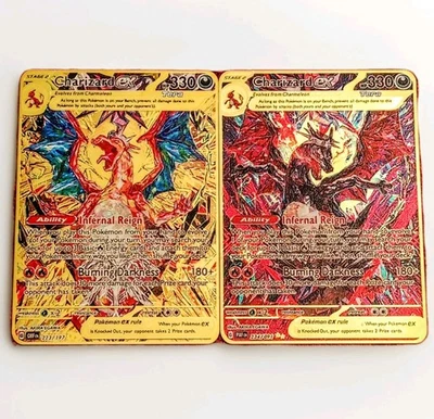 Pokémon  Charizard Ex Regular + Charizard Ex Shiny Metal Fan Art Card Set - Image 1 of 2
