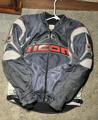 Mens ICON Contra Gray Textile Patched Motorcycle Jacket w/ Lining Padded Medium  - Image 1 of 4