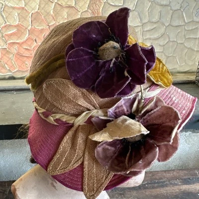 Antique 1920s Pink Silk & Purple  Velvet Flower Headpiece Hat Cloche Vintage - Image 1 of 4