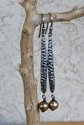 Silpada 925 Sterling Hammered Bar Earrings w/ Bronze Pearl Dangles 2.34" - Image 1 of 4