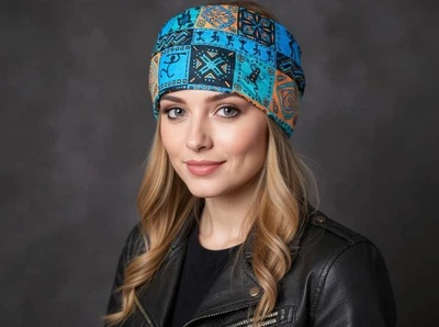 Guante de pelo elástico diadema pañuelo envoltorio azul estampado suroeste africano motociclista Foto 1 de 2