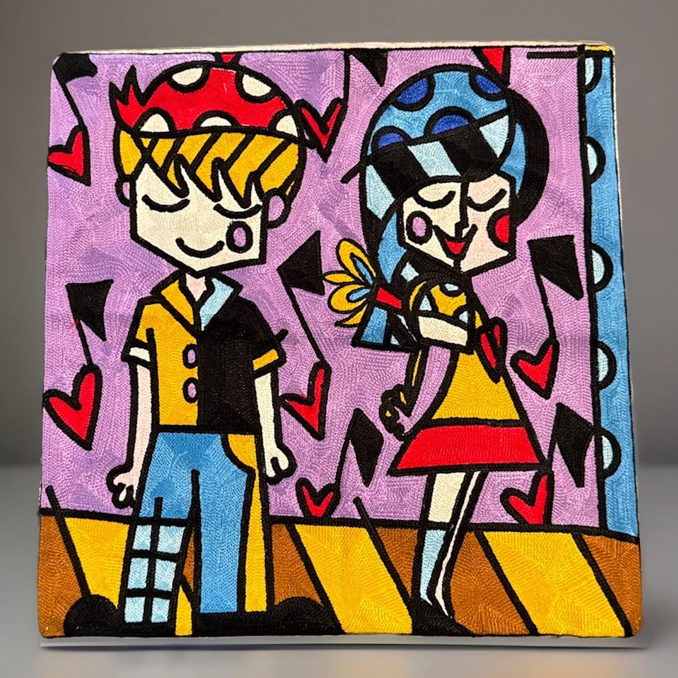 "Funda de almohada bordada Romero Britto falsa 17,5"" corazones cuadrados arte pop amor" Foto 1 de 4