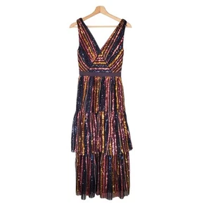 Self Portrait Tiered Striped Sequin Sleeveless Midi Dress Multi Size UK 8 US 4 - Picture 1 of 12