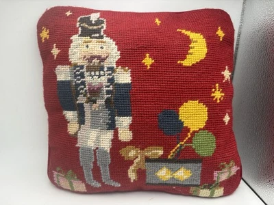 Vintage Needlepoint Christmas Accent Pillow Nutcracker Moon Toys Red Velvet - Image 1 of 4