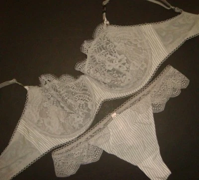 Victoria's Secret JUEGO SUJETADOR 36DD SIN FORRO + TANGA M gris topo floral ENCAJE rayas Foto 1 de 3