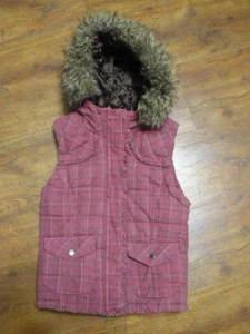*AEROPOSTALE JUNIORS XS PINK PLAID VEST W/HOOD-19.5" LONG-QUILTED-FAUX FUR TRIM - Picture 1 of 12