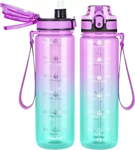 32oz Water Bottle w/Detachable Straw Motivational Time Marke Tritan BPA Free Jug - Picture 1 of 8