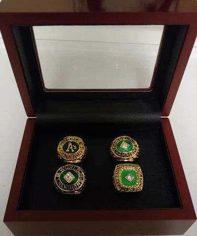 Oakland Athletics - World Series 4 Ring Set With Wooden Display Box Cover